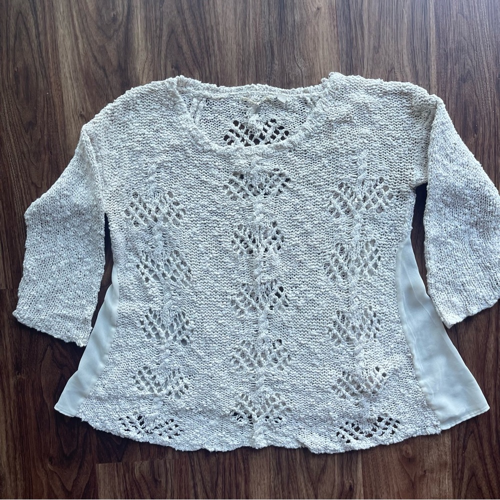 Anthropologie Knitted Knotted Sweater Cream Open Knit Mixed Media 3/4 Sleeve L